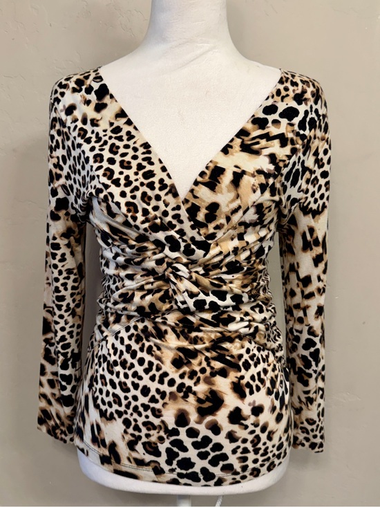 Cable & Gauge Tops - Cable & Gauge Leopard Print Wrap-Style Top in Beige and Black